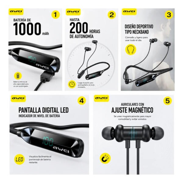 Auriculares Deportivos AWEI G75BL Inalámbricos de Banda - Negro