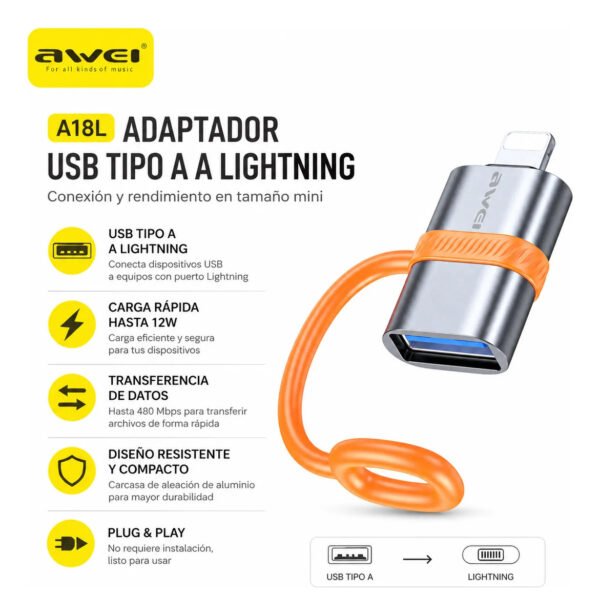D_NQ_NP_2X_664412-MLA114773493091_072026-F.jpg Adaptador AWEI A18L USB-A a Lightning - Gris