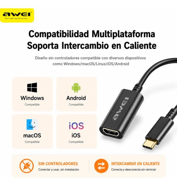 Cable Adaptador AWEI CL-217T Tipo C a HDMI 4K 20 cm - Negro