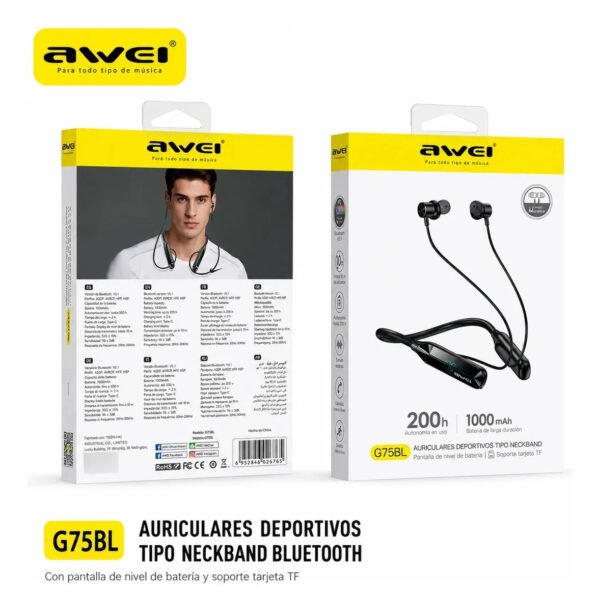 Auriculares Deportivos AWEI G75BL Inalámbricos de Banda - Negro