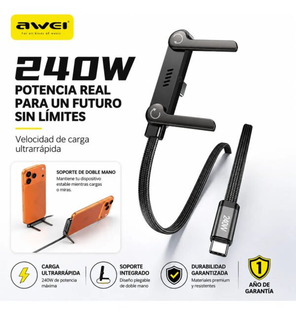 Cable de Datos AWEI CM-12C Tipo C a Lightning 240W 1,5 m - Negro