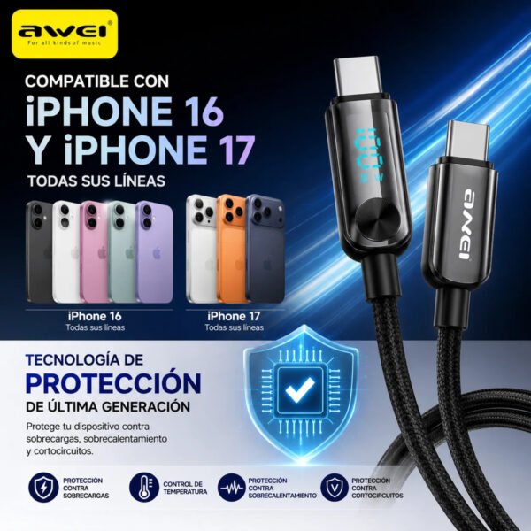 D_NQ_NP_2X_713391-MLA113676367094_072026-F.jpg Cable de Carga AWEI CL-176C USB-C a USB-C 100W 1 m - Negro