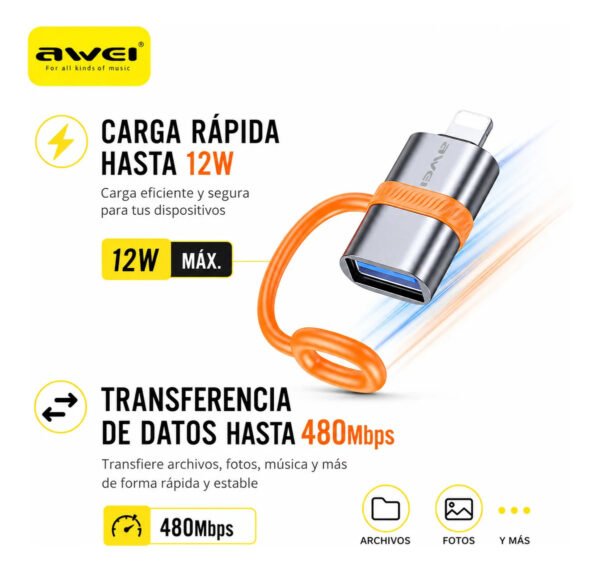 D_NQ_NP_2X_732157-MLA113506135936_072026-F.jpg Adaptador AWEI A18L USB-A a Lightning - Gris