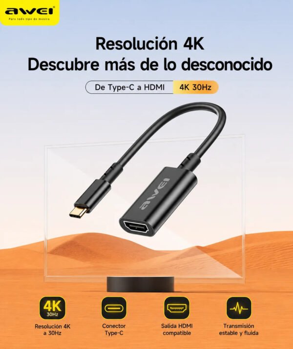 Cable Adaptador AWEI CL-217T Tipo C a HDMI 4K 20 cm - Negro