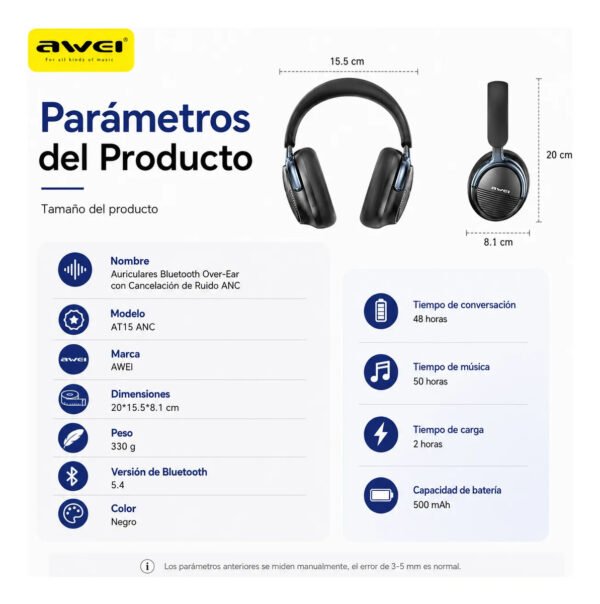 Auriculares Vincha AWEI AT15 Bluetooth ANC 50 h - Azul