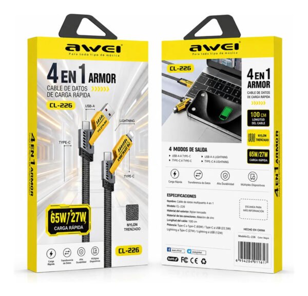 D_NQ_NP_2X_761319-MLA113292297178_072026-F.jpg Cable de Datos AWEI CL-2026 4 en 1 Tipo C / USB-A / Lightning 1 m - Negro