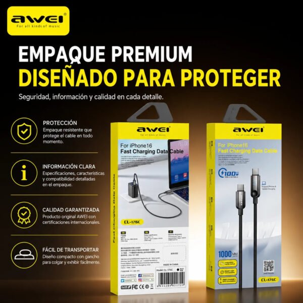D_NQ_NP_2X_761862-MLA114963507109_072026-F.jpg Cable de Carga AWEI CL-176C USB-C a USB-C 100W 1 m - Negro