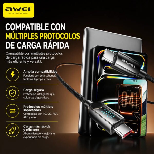 D_NQ_NP_2X_768314-MLA113676870862_072026-F.jpg Cable de Carga AWEI CL-176C USB-C a USB-C 100W 1 m - Negro