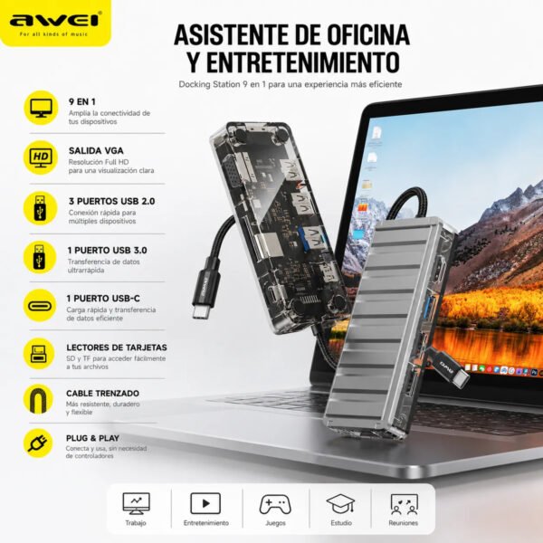 D_NQ_NP_2X_774784-MLA113671421326_072026-F.jpg Hub USB-C AWEI HUB-3 9 en 1 HDMI 4K / USB 3.0 / RJ45