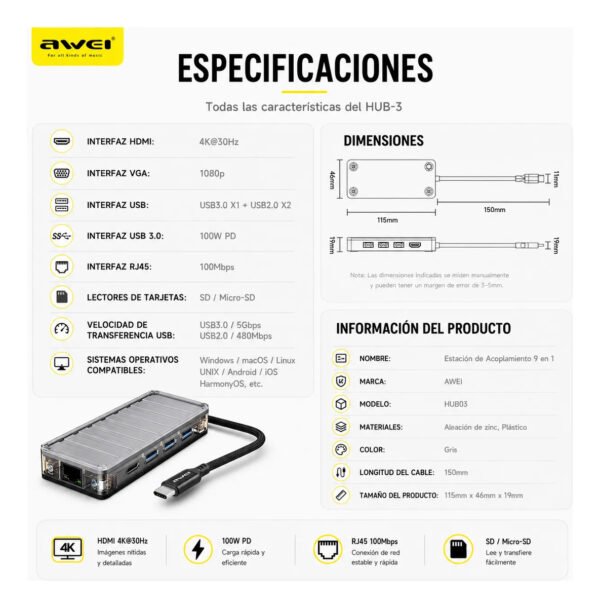 D_NQ_NP_2X_794258-MLA114957136273_072026-F.jpg Hub USB-C AWEI HUB-3 9 en 1 HDMI 4K / USB 3.0 / RJ45