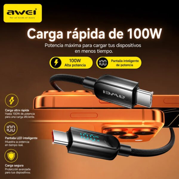 D_NQ_NP_2X_798549-MLA113676870872_072026-F.jpg Cable de Carga AWEI CL-176C USB-C a USB-C 100W 1 m - Negro