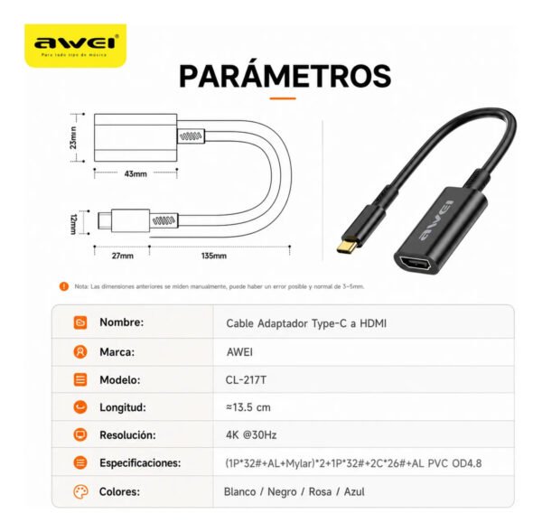 Cable Adaptador AWEI CL-217T Tipo C a HDMI 4K 20 cm - Negro