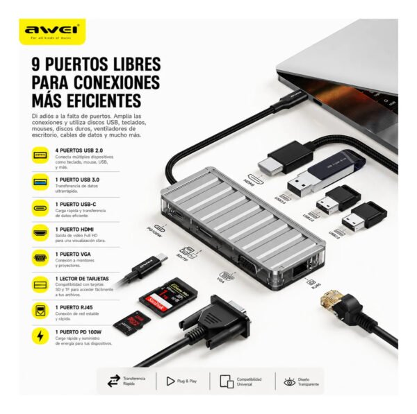 D_NQ_NP_2X_844322-MLA113672219334_072026-F.jpg Hub USB-C AWEI HUB-3 9 en 1 HDMI 4K / USB 3.0 / RJ45