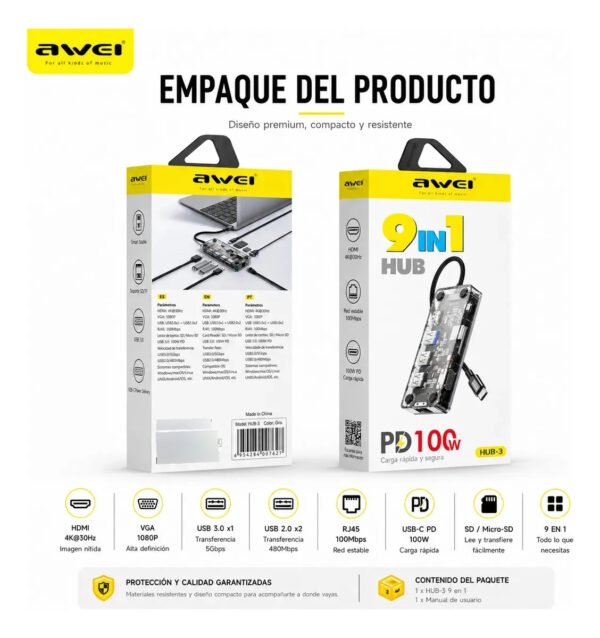 D_NQ_NP_2X_850429-MLA113675828342_072026-F.jpg Hub USB-C AWEI HUB-3 9 en 1 HDMI 4K / USB 3.0 / RJ45