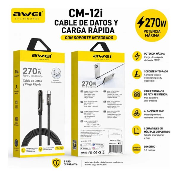 Cable de Datos AWEI CM-12C Tipo C a Lightning 240W 1,5 m - Negro