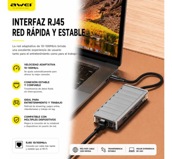 D_NQ_NP_2X_872356-MLA113672484652_072026-F.jpg Hub USB-C AWEI HUB-3 9 en 1 HDMI 4K / USB 3.0 / RJ45