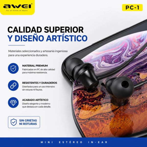 Auriculares In-Ear AWEI PC-1 Jack 3,5 mm con Micrófono - Negro