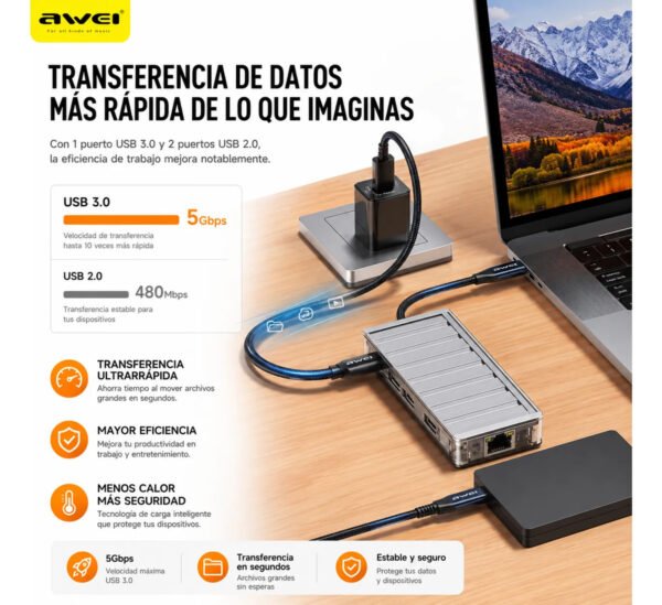 D_NQ_NP_2X_890468-MLA113672603240_072026-F.jpg Hub USB-C AWEI HUB-3 9 en 1 HDMI 4K / USB 3.0 / RJ45