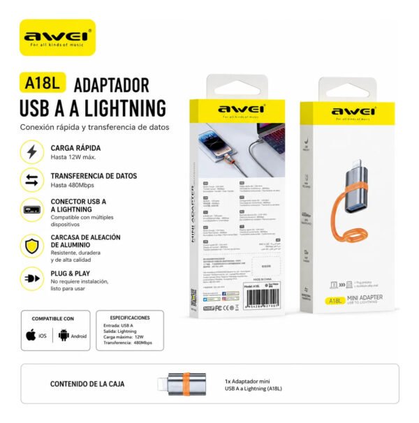 D_NQ_NP_2X_947840-MLA113505572136_072026-F.jpg Adaptador AWEI A18L USB-A a Lightning - Gris
