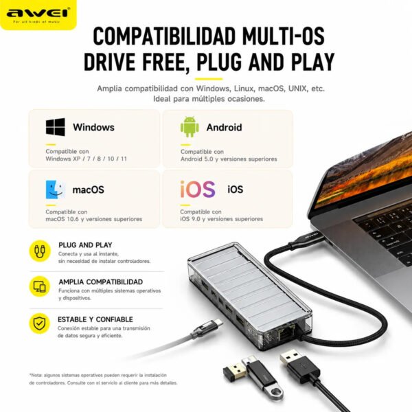 D_NQ_NP_2X_951465-MLA113672663080_072026-F.jpg Hub USB-C AWEI HUB-3 9 en 1 HDMI 4K / USB 3.0 / RJ45