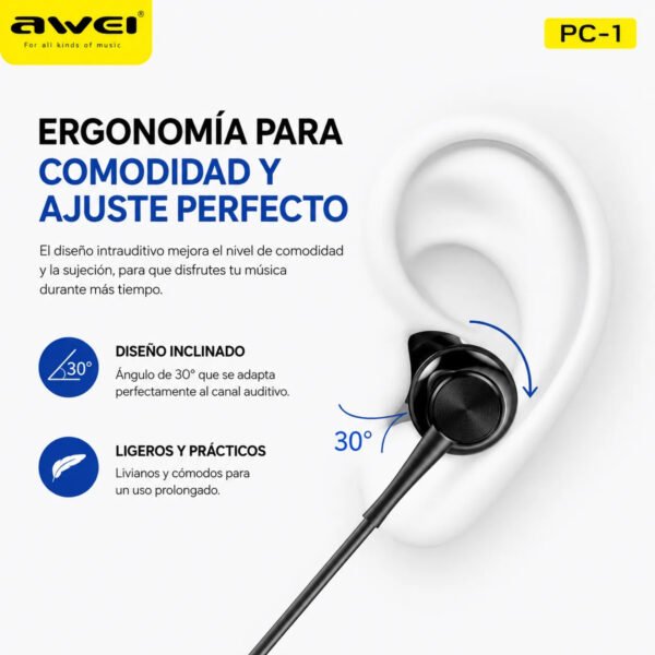 Auriculares In-Ear AWEI PC-1 Jack 3,5 mm con Micrófono - Negro