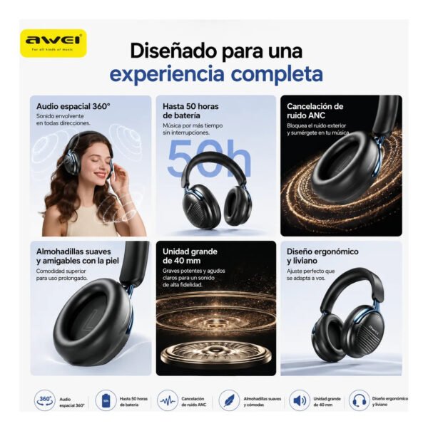 Auriculares Vincha AWEI AT15 Bluetooth ANC 50 h - Azul