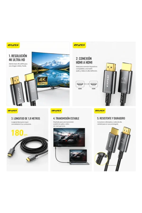 Cable HDMI AWEI CL-214 4K 60Hz 1,8 m Punta Oro - Negro