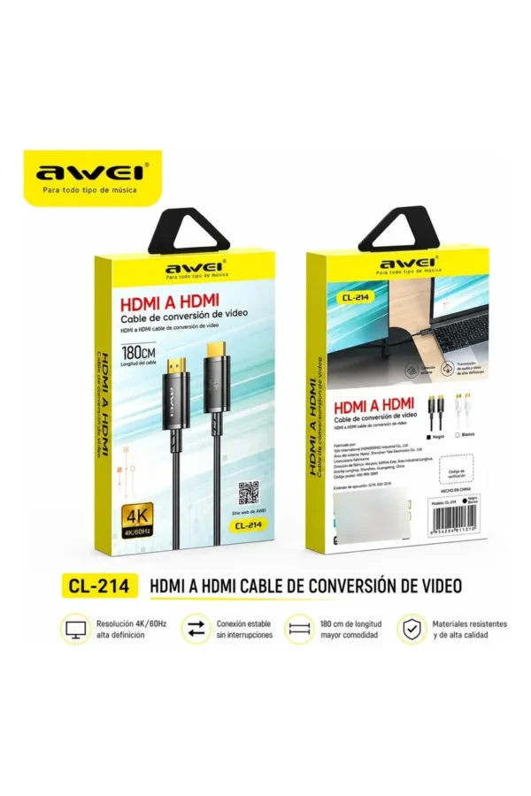Cable HDMI AWEI CL-214 4K 60Hz 1,8 m Punta Oro - Negro